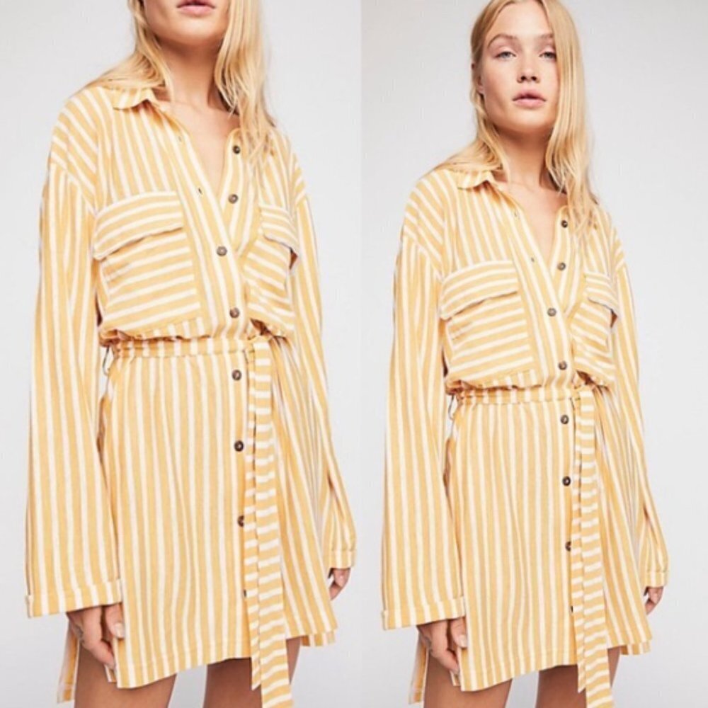 Free People Beach Stripe Button Down Tunic Dress Yellow & White Size XS